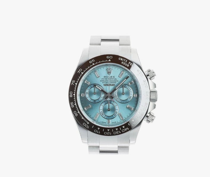 Rolex Daytona Platinum with ice blue dial and baguettes diamonds.Fix price
