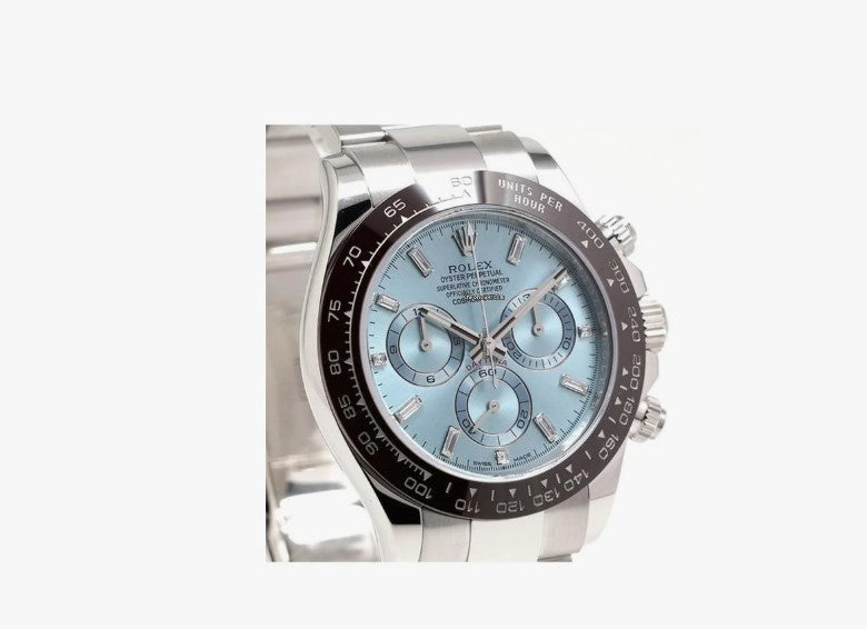 Rolex Daytona Platinum with ice blue dial and baguettes diamonds.Fix price